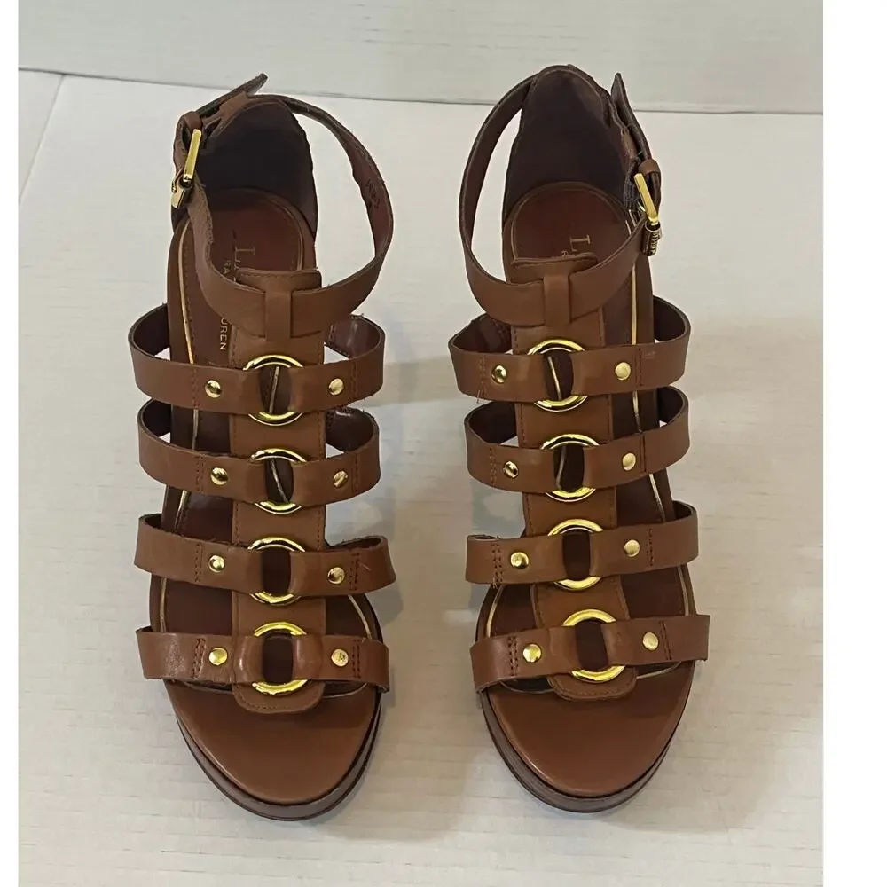 Women's Lauren Ralph Lauren Stasia Brown Leather Strappy Sandals Heels Sz 7.5